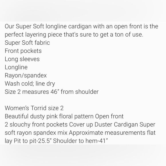 Torrid Dusky-Pink, Floral Print 3/4-Flare Sleeve, Women’s Knit Duster. Size 2X. - Picture 5 of 5